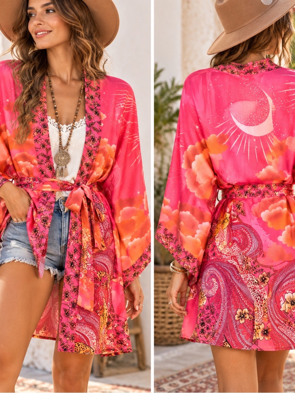 Vibrant Pink Gorgeous Celestial Kimono Top from Bali